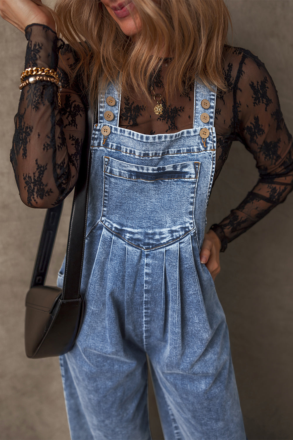 Blue Zone Planet | Light Blue Mineral Wash Buttoned Straps Wide Leg Denim Overalls-Bottoms/Jumpsuits & Rompers-[Adult]-[Female]-2022 Online Blue Zone Planet