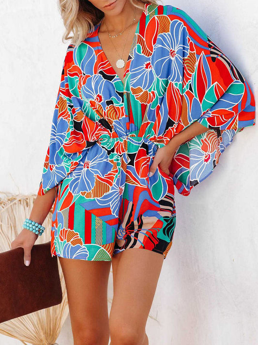 Blue Zone Planet | Tied Printed Kimono Sleeve Romper-TOPS / DRESSES-[Adult]-[Female]-Multicolor-S-2022 Online Blue Zone Planet