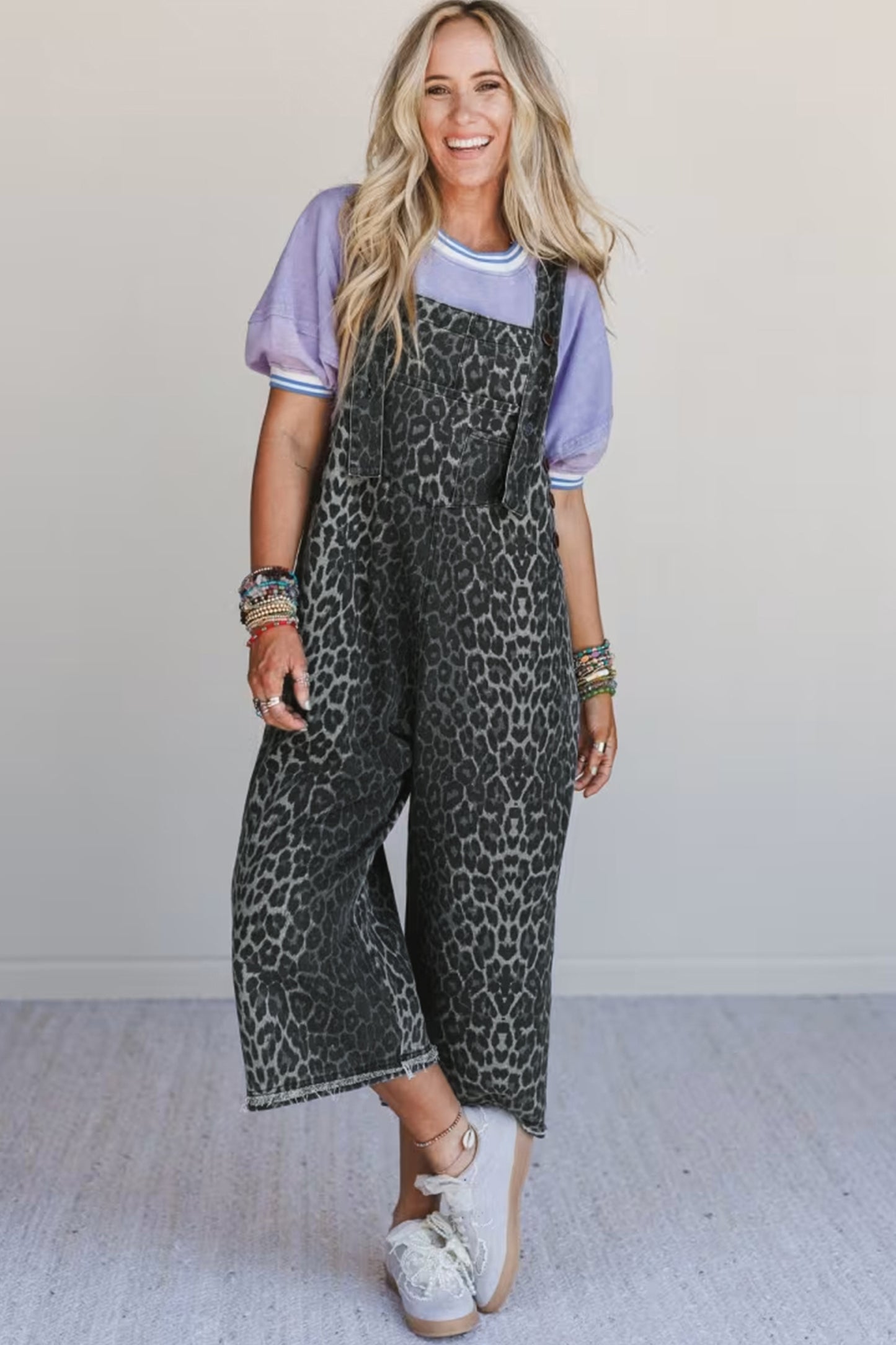 Gray Leopard Print Button Adjustable Straps Cropped Loose Denim Overalls-Bottoms/Jumpsuits & Rompers-[Adult]-[Female]-2022 Online Blue Zone Planet