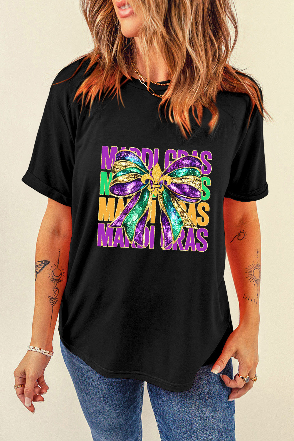 Black MARDI GRAS Bowknot Printed Crewneck Tee-Graphic Tees-[Adult]-[Female]-2022 Online Blue Zone Planet