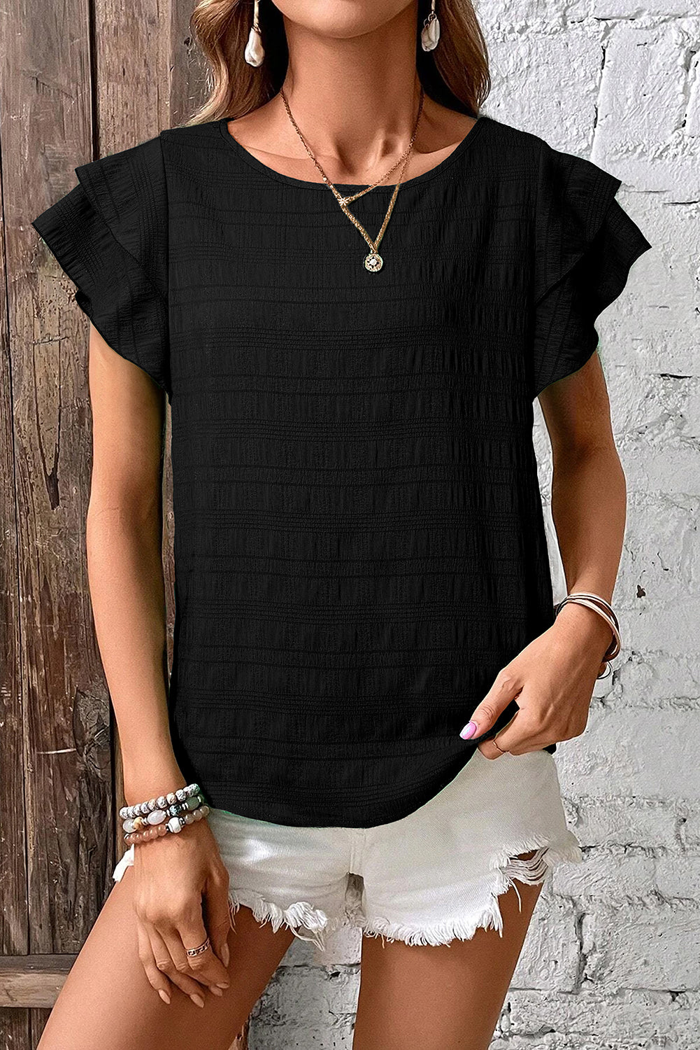 Black Textured Ruffled Sleeve Round Neck Top-Tops/Blouses & Shirts-[Adult]-[Female]-2022 Online Blue Zone Planet