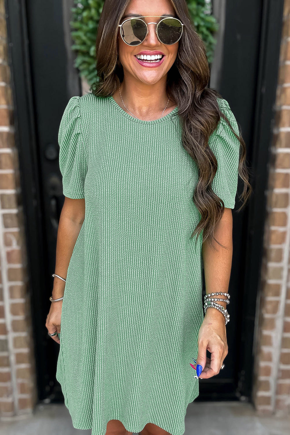 Mint Green Corded Knit Crew Neck Puff Sleeve Shift Mini Dress-TOPS / DRESSES-[Adult]-[Female]-2022 Online Blue Zone Planet