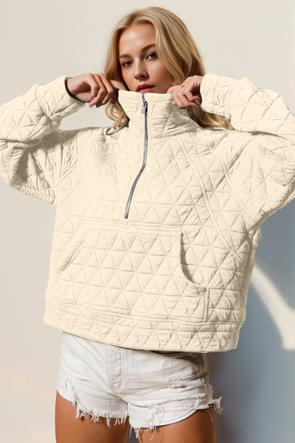 Blue Zone Planet | Double Take Half Zip Long Sleeve Quilted Sweatshirt with Pocket-TOPS / DRESSES-[Adult]-[Female]-Cream-S-2022 Online Blue Zone Planet