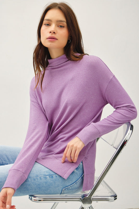 Blue Zone Planet | Be Cool Side Slit Mock Neck Long Sleeve Tunic Top-TOPS / DRESSES-[Adult]-[Female]-Grape-S-2022 Online Blue Zone Planet