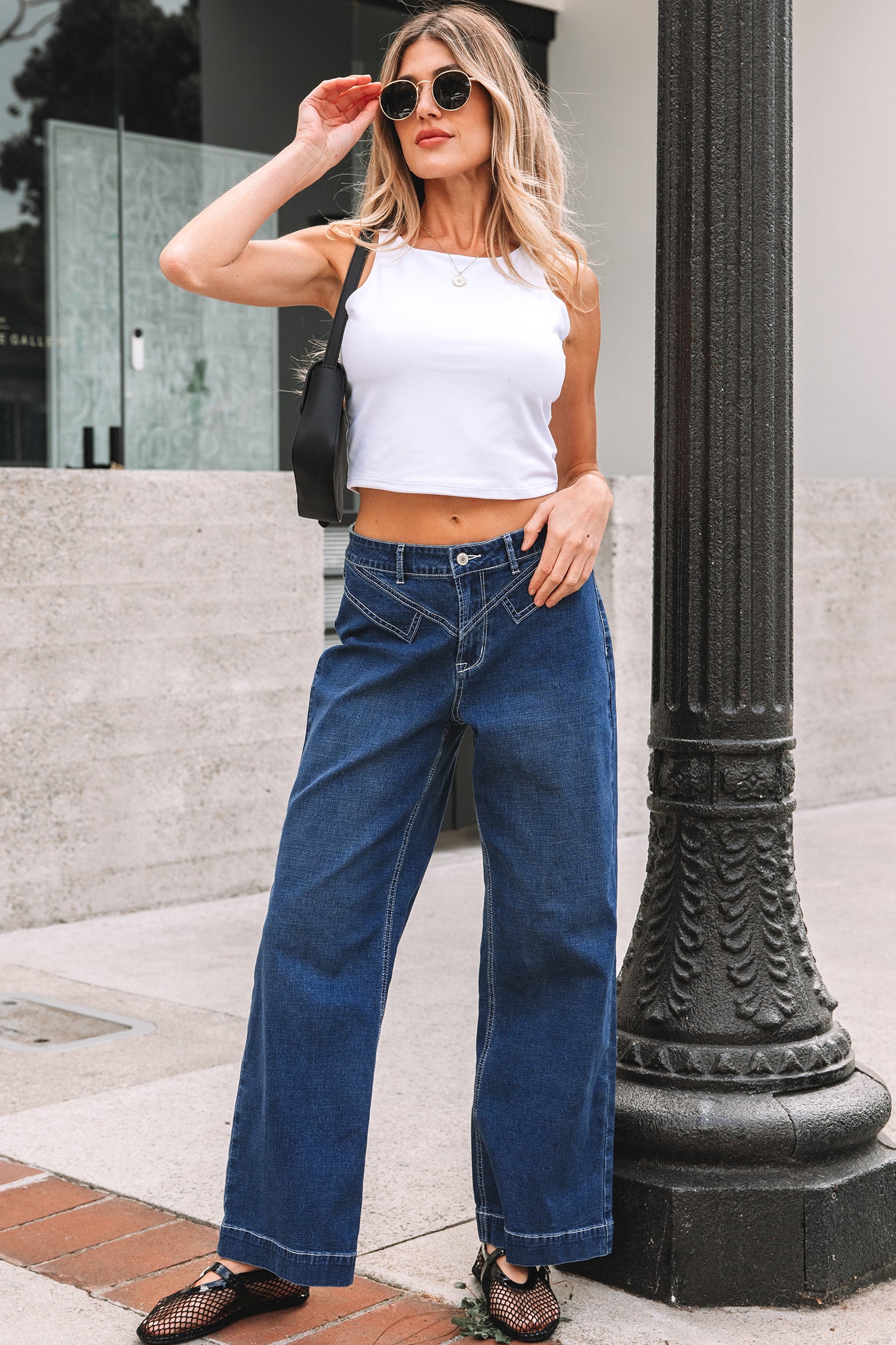Sail Blue Stitched Waist Detail Loose Cuffed Jeans-Bottoms/Jeans-[Adult]-[Female]-2022 Online Blue Zone Planet