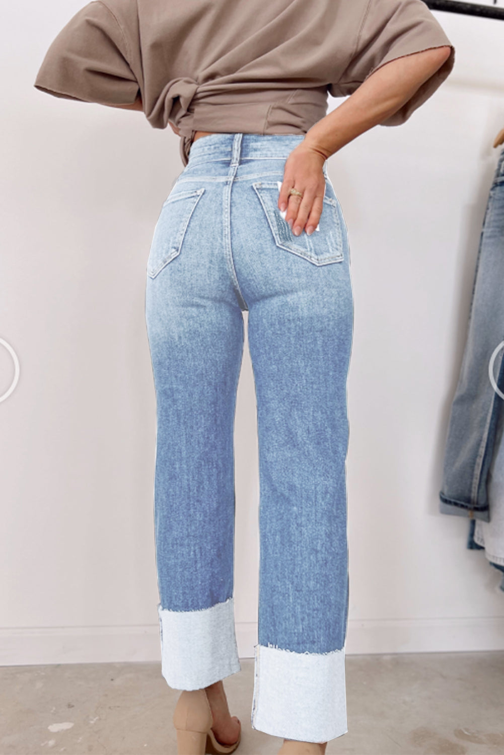 Sky Blue High Waist Distressed Straight Leg Jeans-Bottoms/Jeans-[Adult]-[Female]-2022 Online Blue Zone Planet