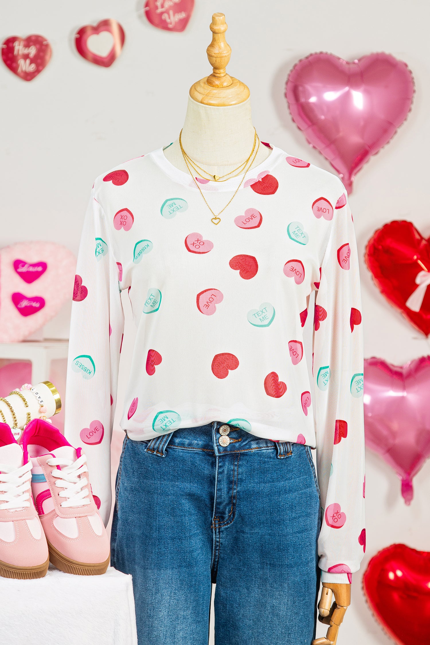 White Sheer Mesh Valentines Slogan Heart Printed Long Sleeve Top-Tops/Long Sleeve Tops-[Adult]-[Female]-2022 Online Blue Zone Planet