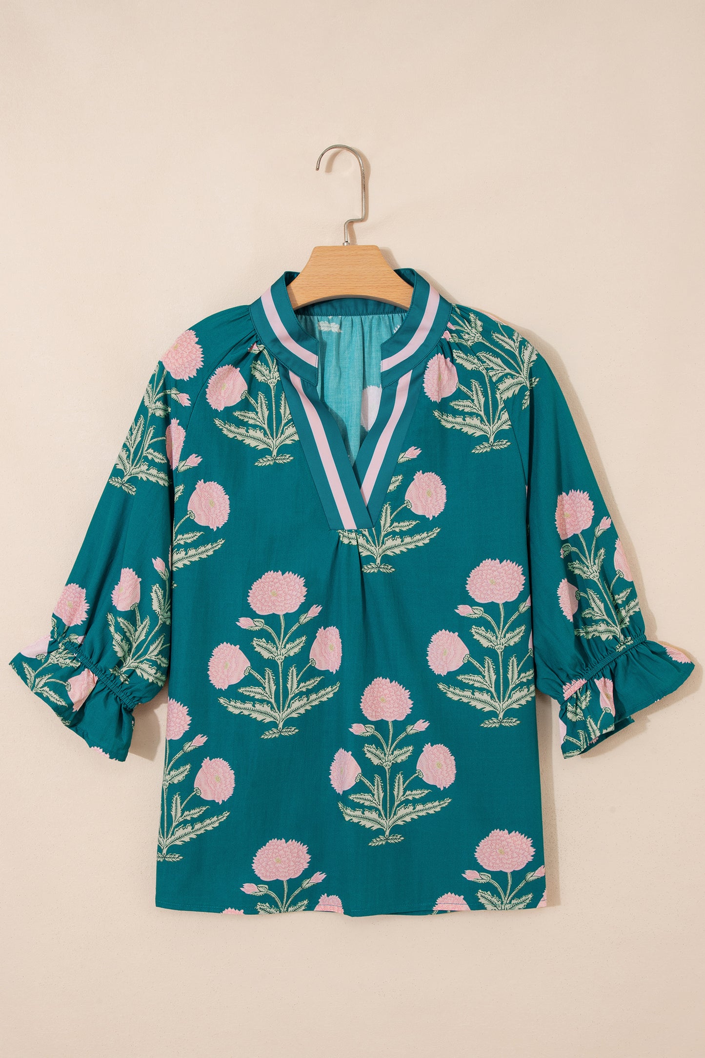 Sky Blue Casual Wild Flower Print V Neck 3/4 Sleeve Blouse-Tops/Blouses & Shirts-[Adult]-[Female]-2022 Online Blue Zone Planet