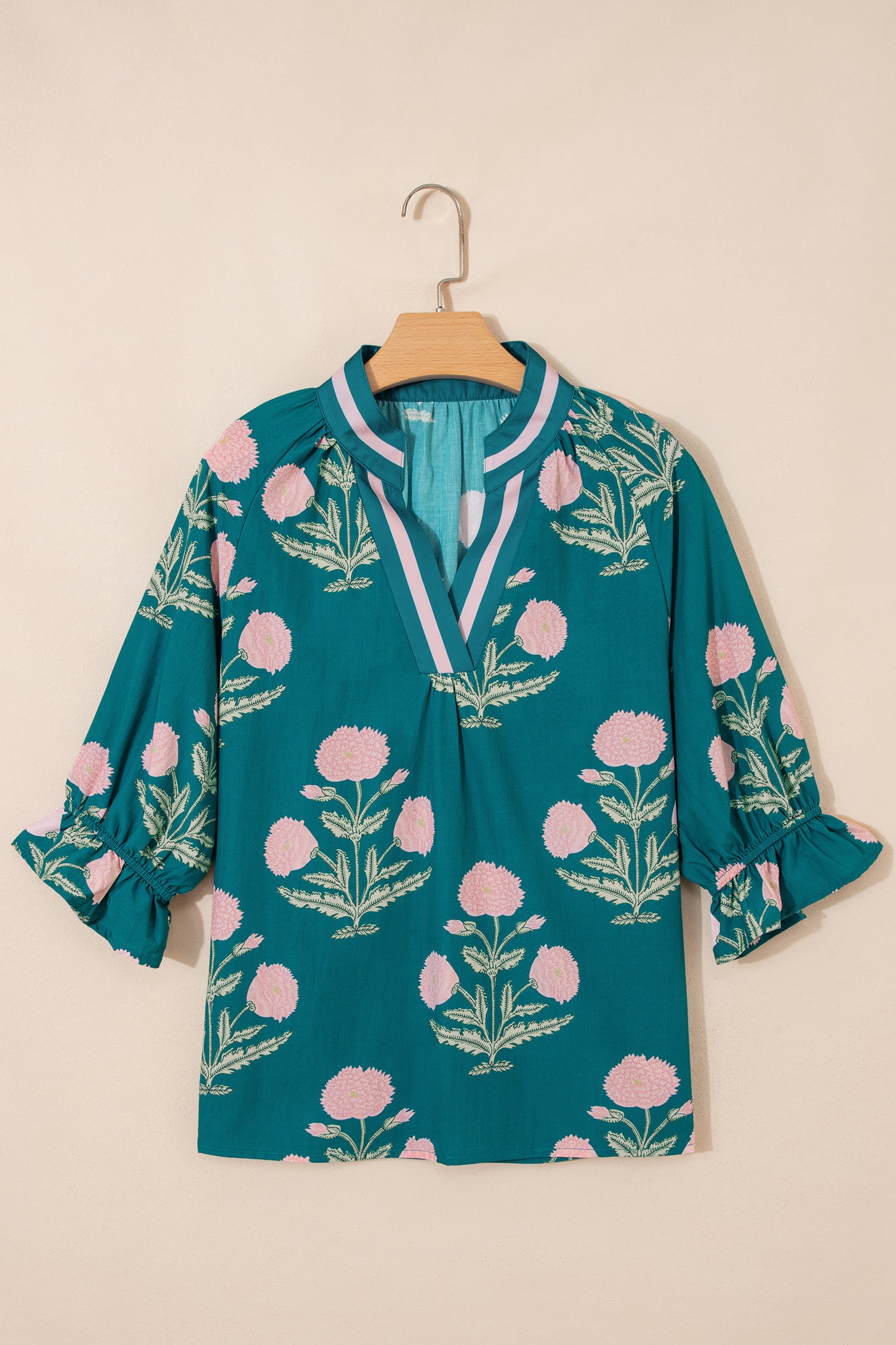Sky Blue Casual Wild Flower Print V Neck 3/4 Sleeve Blouse-Tops/Blouses & Shirts-[Adult]-[Female]-2022 Online Blue Zone Planet