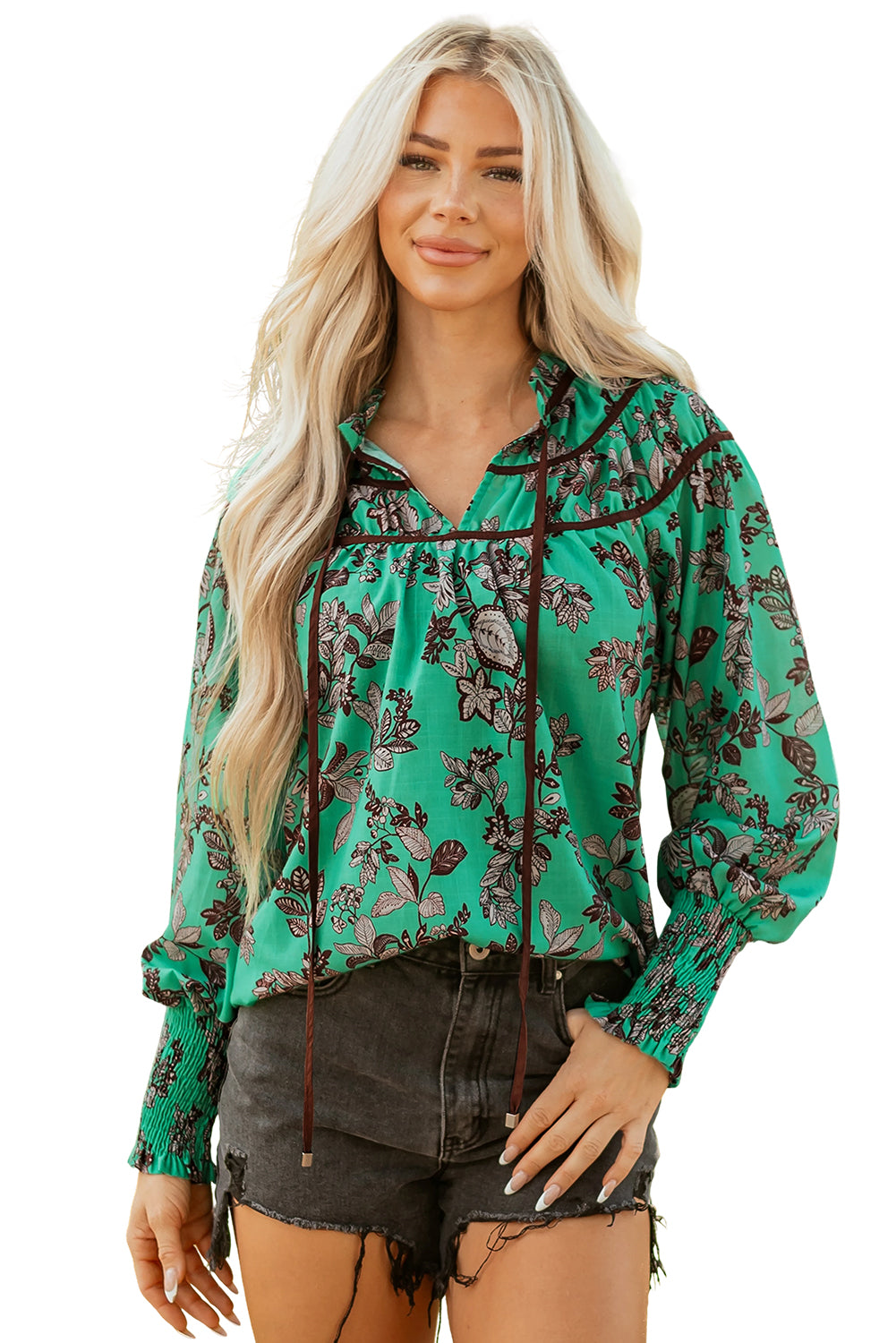 Green Leaves Print Contrast Trim V Neck Shirred Puff Sleeve Blouse-Tops/Blouses & Shirts-[Adult]-[Female]-2022 Online Blue Zone Planet