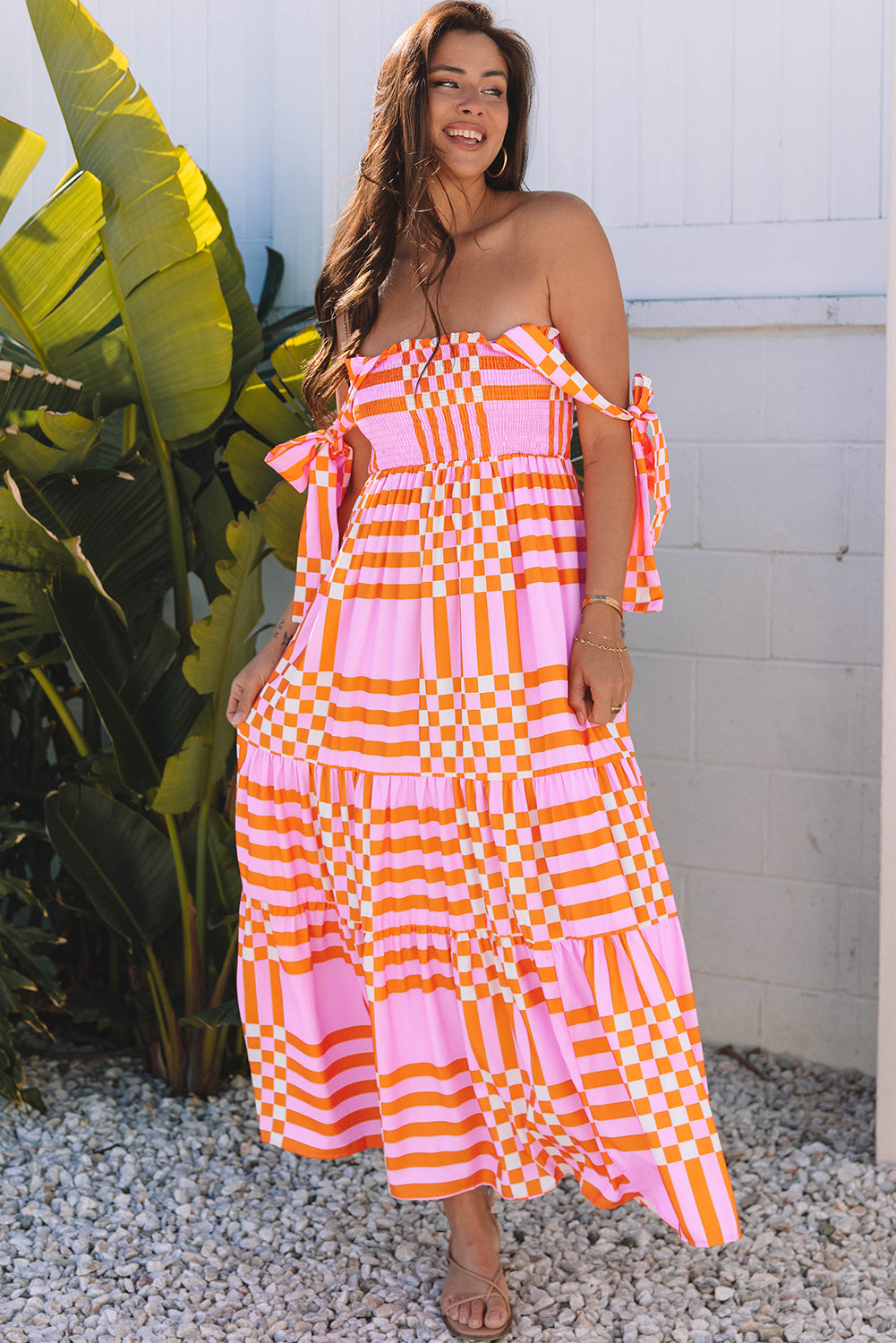 Pink Boho Gingham Tied Straps Smocked Maxi Dress-Dresses/Maxi Dresses-[Adult]-[Female]-2022 Online Blue Zone Planet