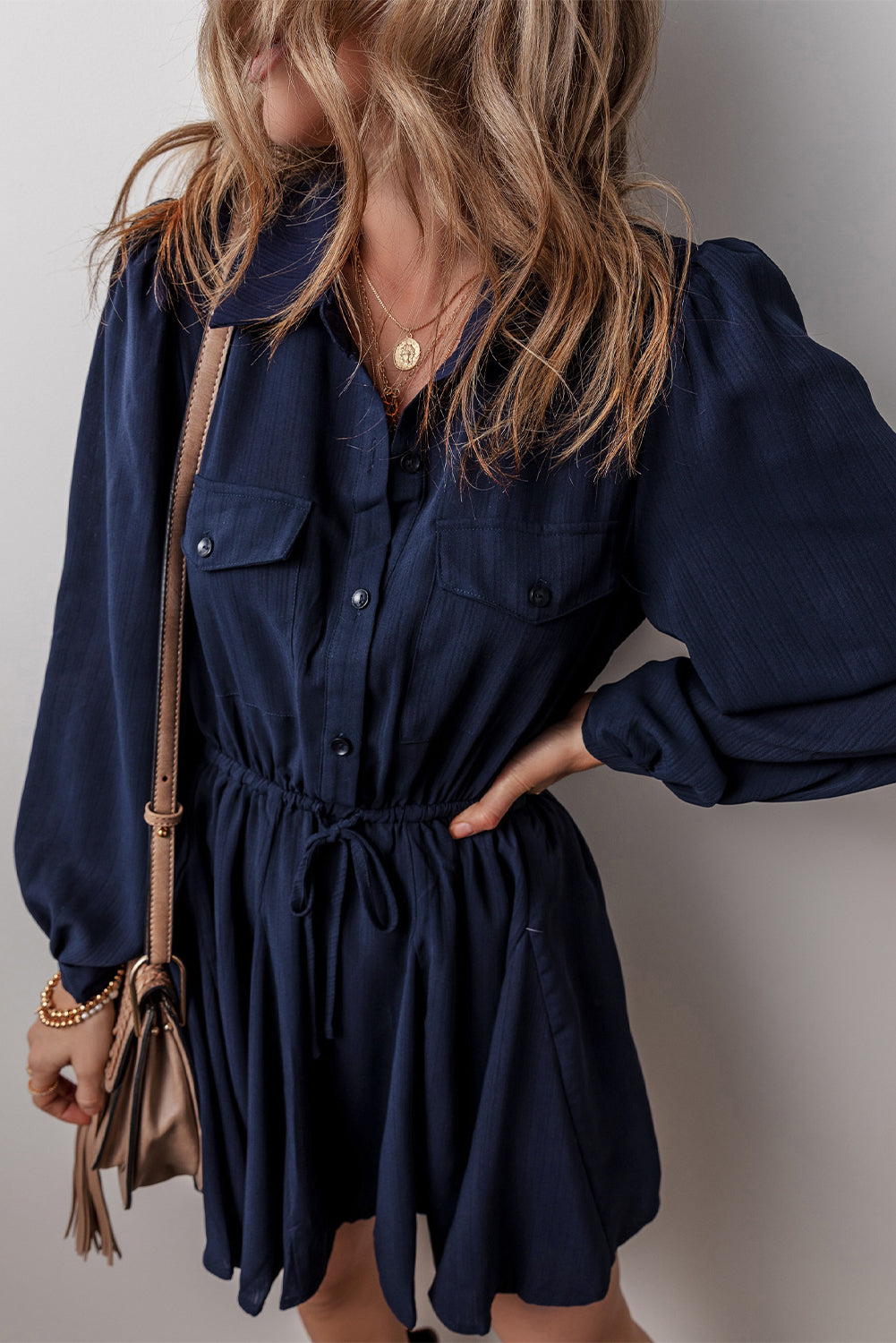 Navy Blue Solid Chest Pockets Tunic Shirt Mini Dress-Dresses/Mini Dresses-[Adult]-[Female]-2022 Online Blue Zone Planet