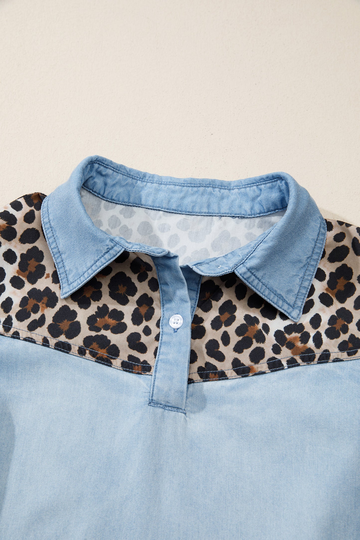 Myosotis Denim Color Block Leopard Patchwork Shirt Collar T Shirt Mini Dress-Dresses/T Shirt Dresses-[Adult]-[Female]-2022 Online Blue Zone Planet