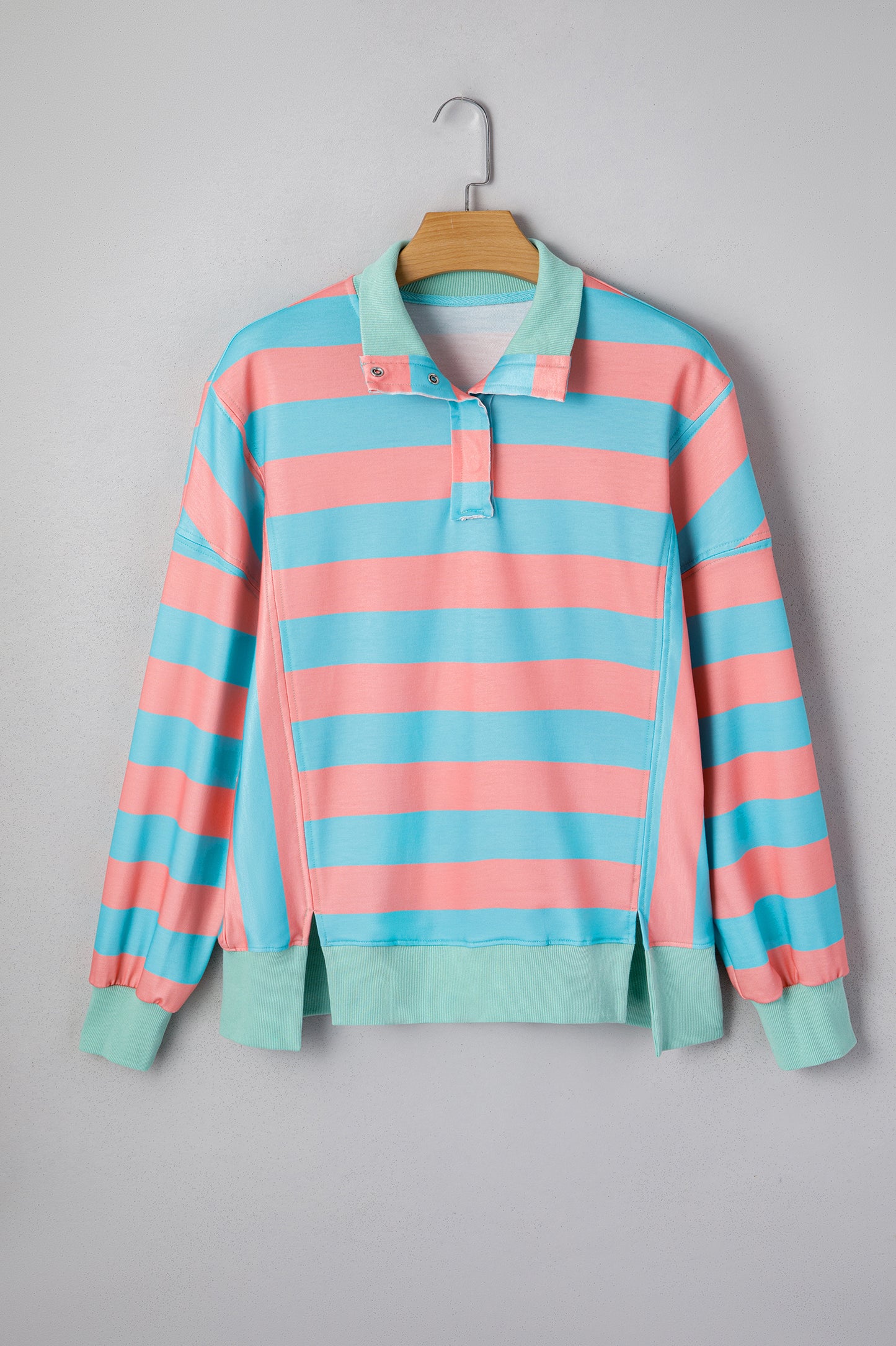 Pink Stripe Colorblock Drop Shoulder Buttoned Collar Side Slit Pullover Top-Tops/Long Sleeve Tops-[Adult]-[Female]-2022 Online Blue Zone Planet