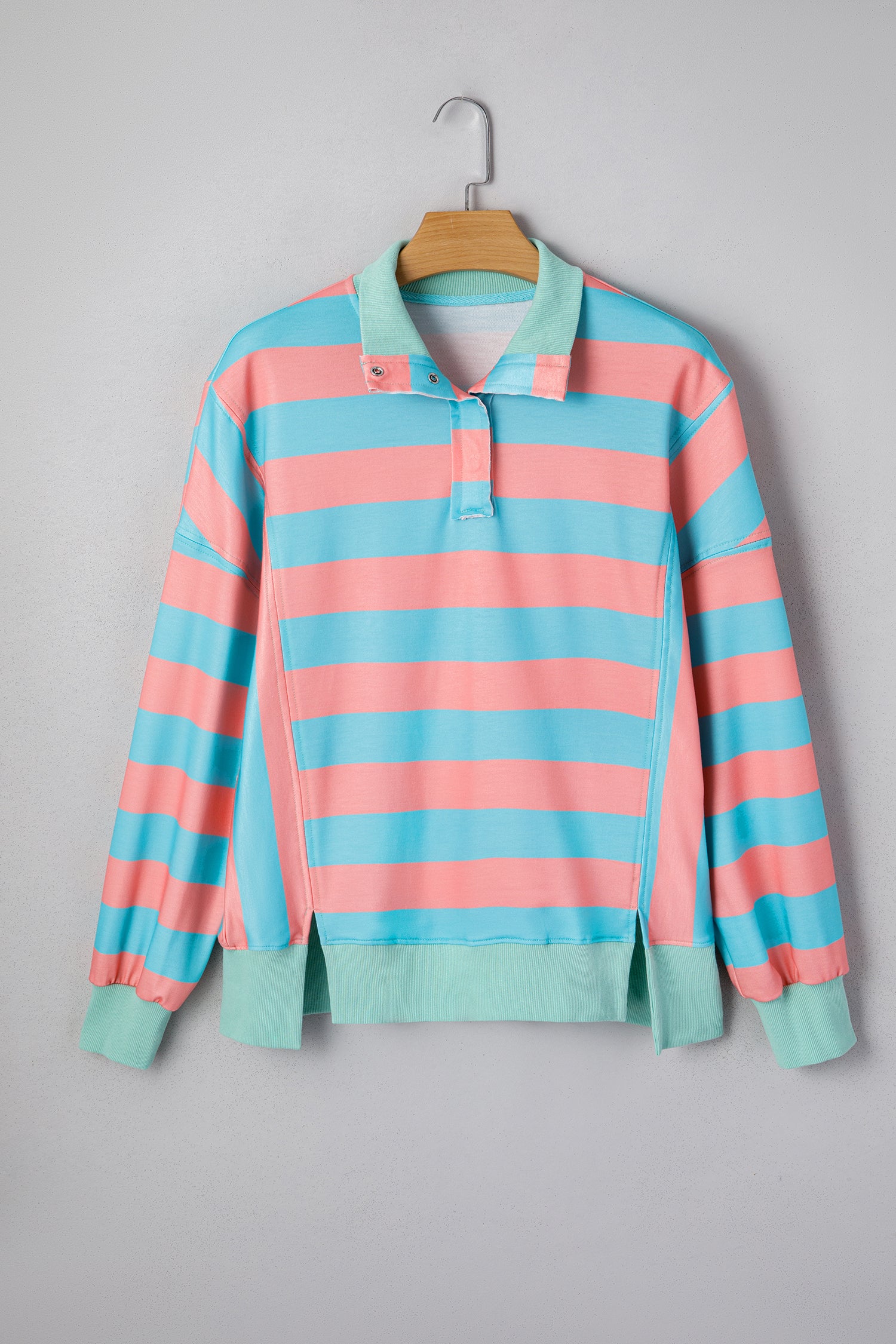 Pink Stripe Colorblock Drop Shoulder Buttoned Collar Side Slit Pullover Top-Tops/Long Sleeve Tops-[Adult]-[Female]-2022 Online Blue Zone Planet
