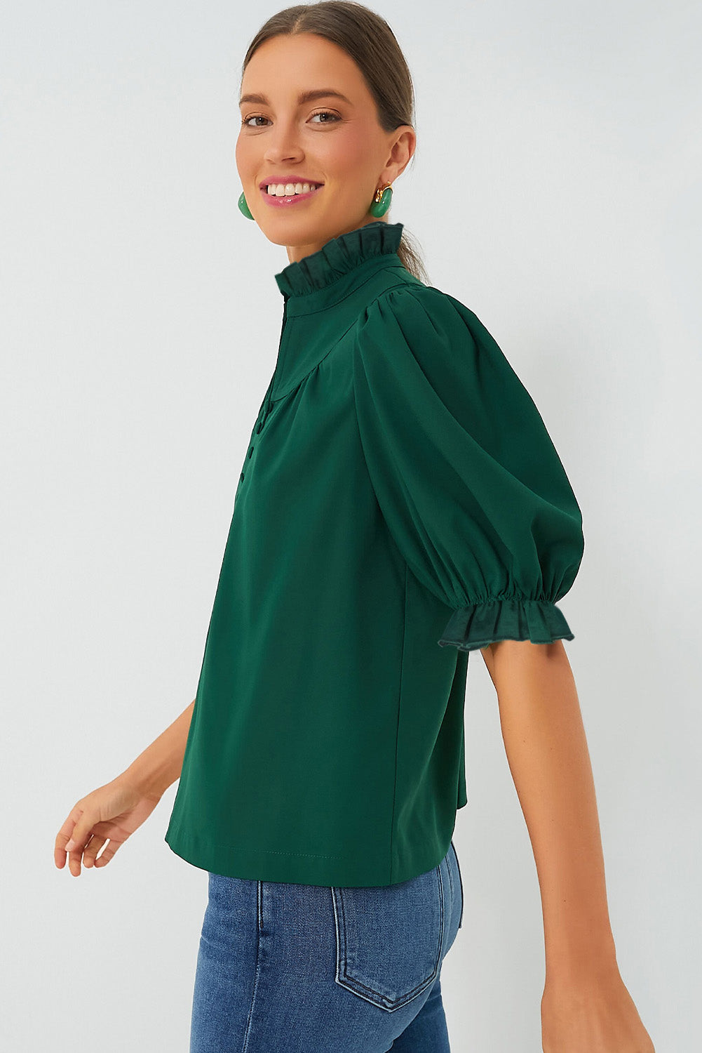 Blackish Green Solid Puff Sleeve Frilled Trim Elegant Blouse-Tops/Blouses & Shirts-[Adult]-[Female]-2022 Online Blue Zone Planet