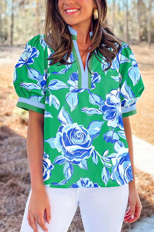 Bright Green Rose Floral Print Puff Short Sleeve Summer Blouse-Tops/Blouses & Shirts-[Adult]-[Female]-Bright Green-S-2022 Online Blue Zone Planet