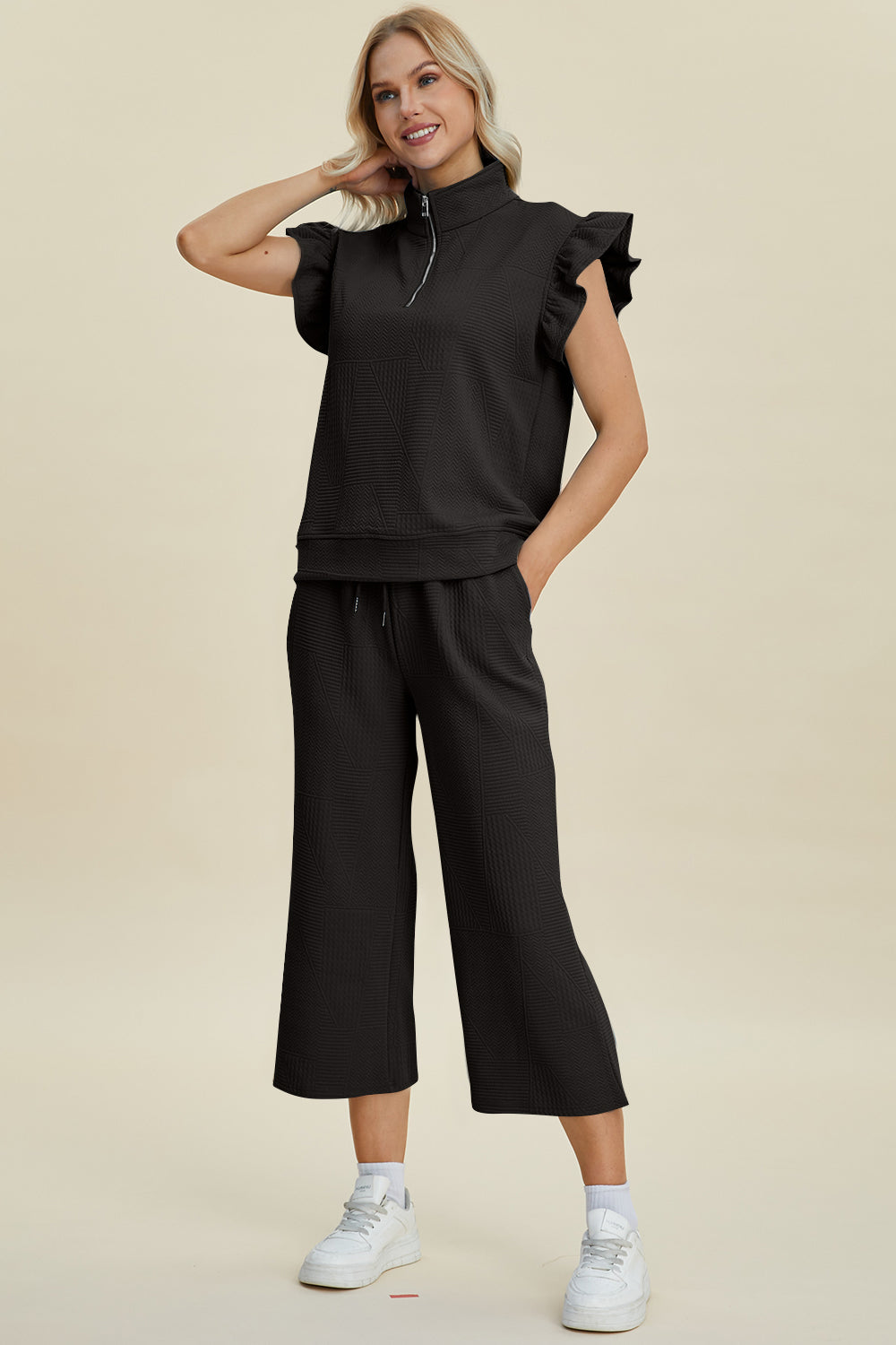 Double Take Full Size Texture Ruffle Short Sleeve Top and Wide Leg Pants Set-TOPS / DRESSES-[Adult]-[Female]-2022 Online Blue Zone Planet