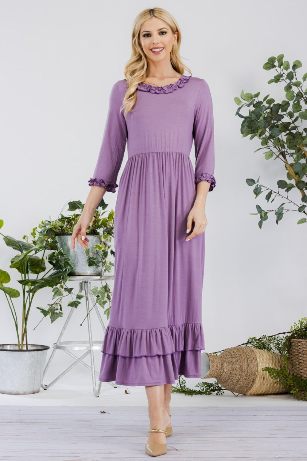 Blue Zone Planet | Celeste Full Size Layered Ruffle Hem Dress with Pockets-TOPS / DRESSES-[Adult]-[Female]-Lilac-S-2022 Online Blue Zone Planet