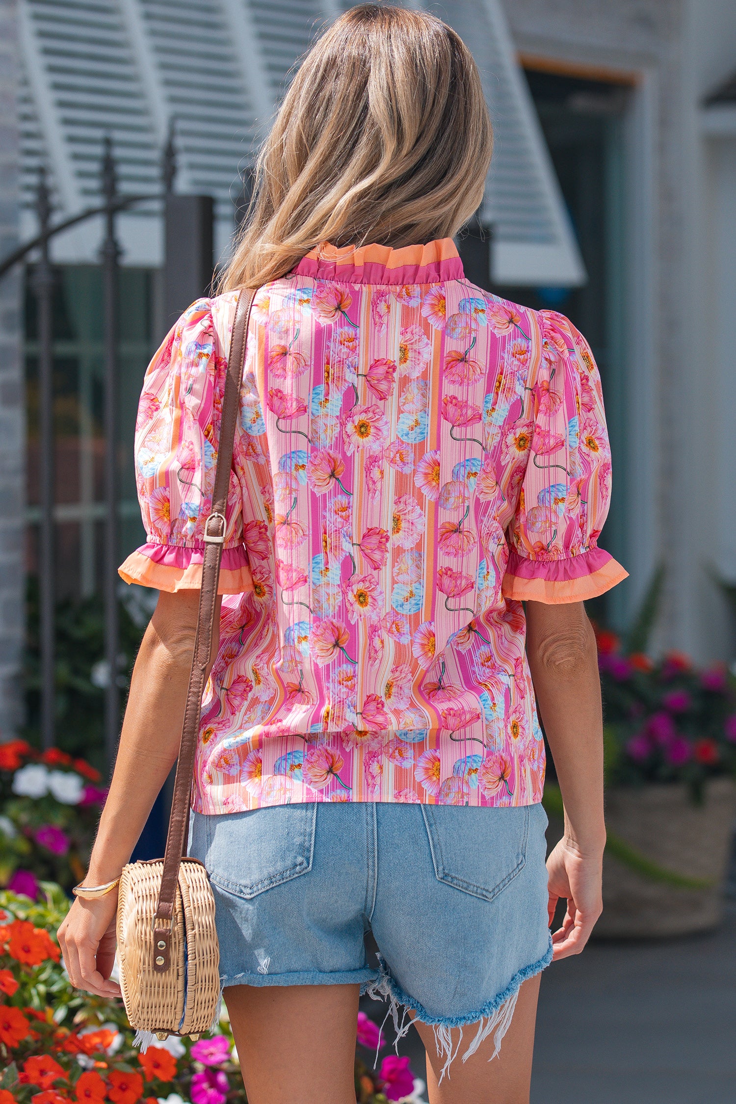 Pink Poppy Flower Striped Print Color Block Trim V Neck Short Sleeve Blouse-Tops/Blouses & Shirts-[Adult]-[Female]-2022 Online Blue Zone Planet