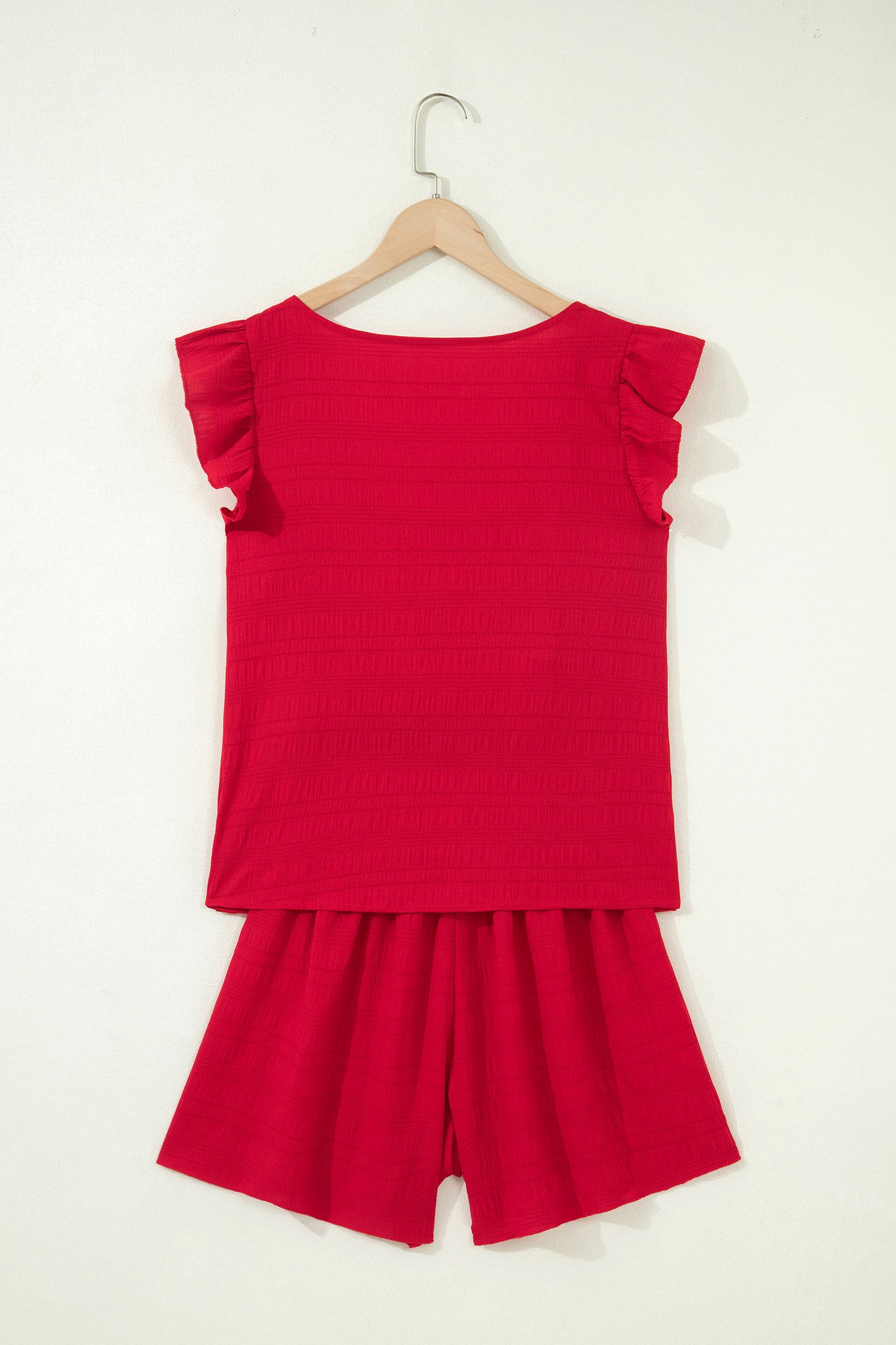 Peach Blossom Textured Square Neck Top And Shirred High Waist Shorts Set-Two Piece Sets/Short Sets-[Adult]-[Female]-2022 Online Blue Zone Planet