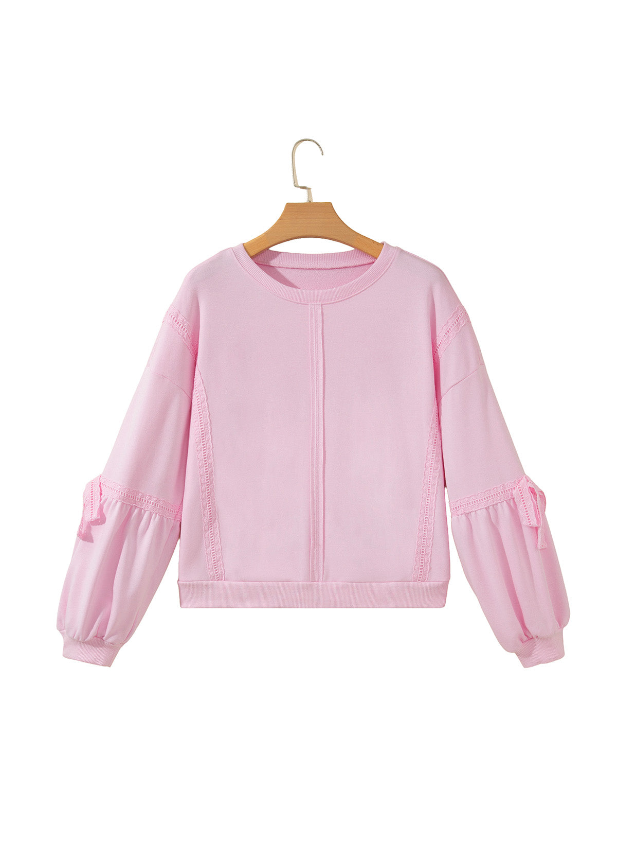 Pink Solid Color Raw Seam Lace Detail Loose Casual Sweatshirt-Tops/Sweatshirts & Hoodies-[Adult]-[Female]-2022 Online Blue Zone Planet
