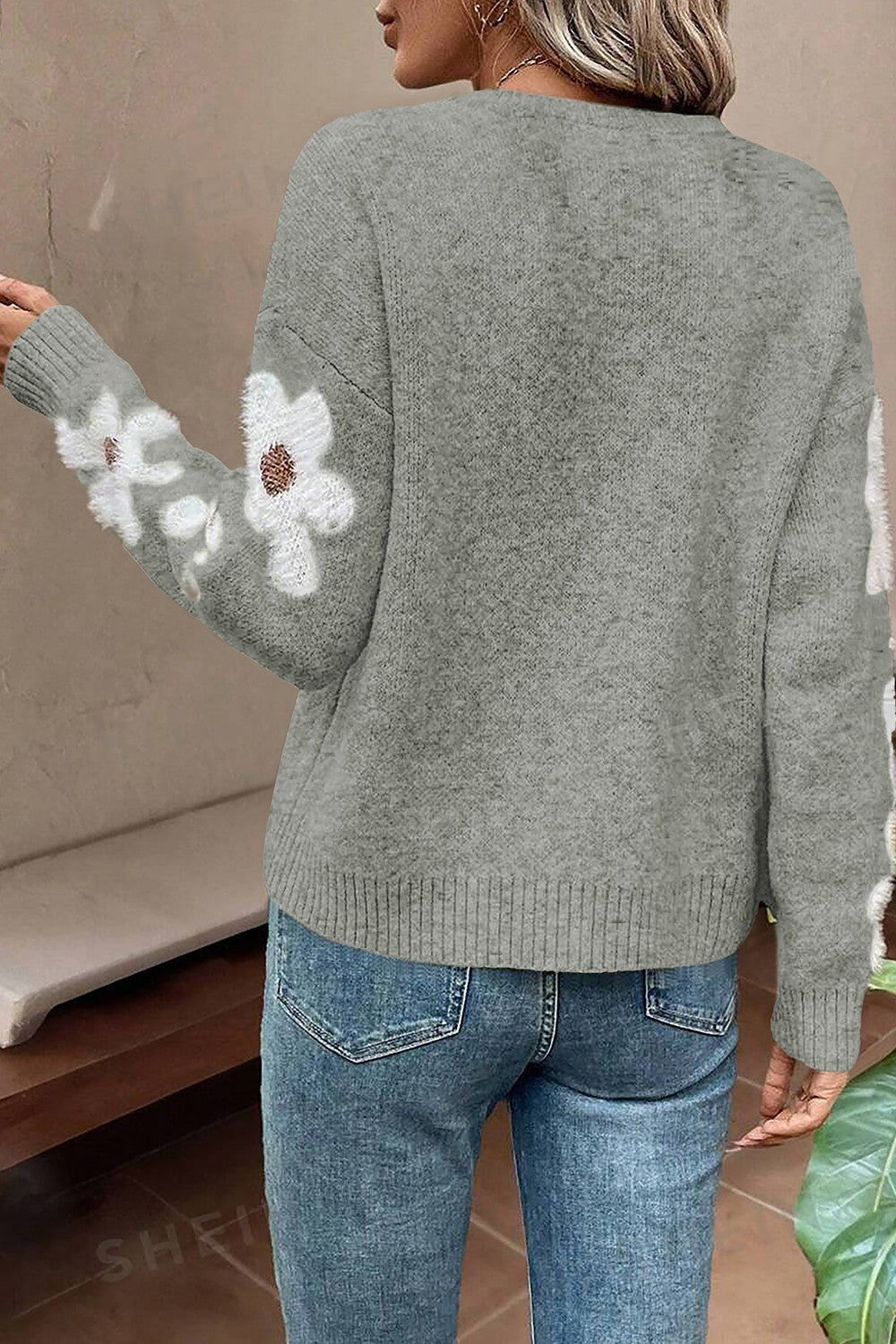 Flower Round Neck Long Sleeve Sweater-TOPS / DRESSES-[Adult]-[Female]-2022 Online Blue Zone Planet