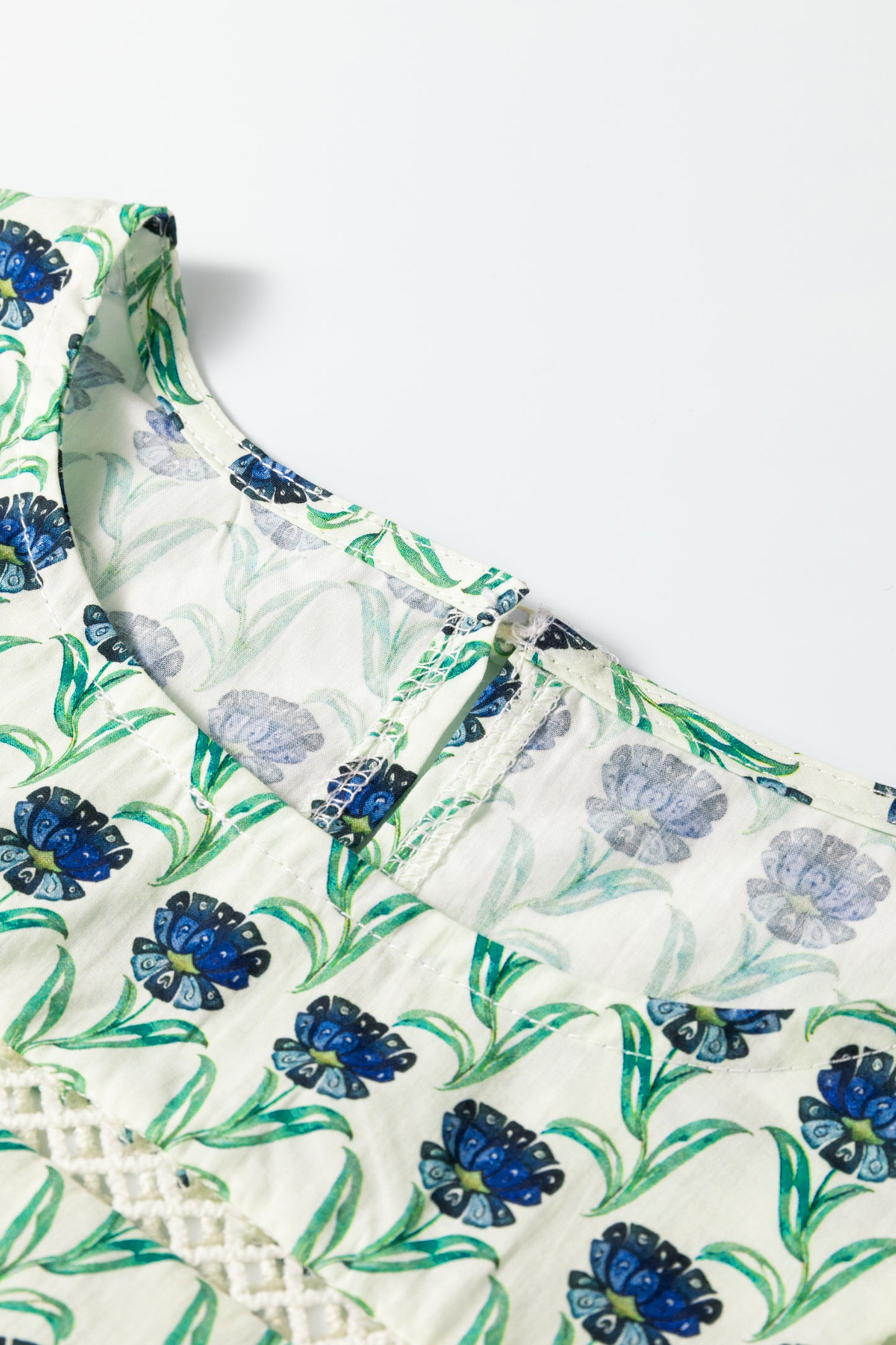 Green Floral Print Lace Detail Ruffle Trim Long Sleeve Blouse-Tops/Blouses & Shirts-[Adult]-[Female]-2022 Online Blue Zone Planet