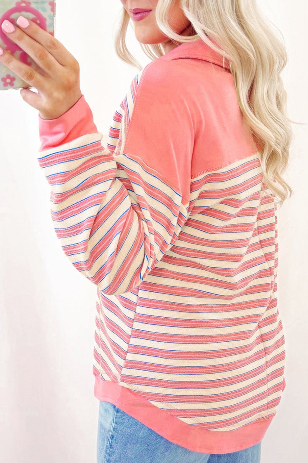 Striped Johnny Collar Long Sleeve Sweatshirt-TOPS / DRESSES-[Adult]-[Female]-2022 Online Blue Zone Planet