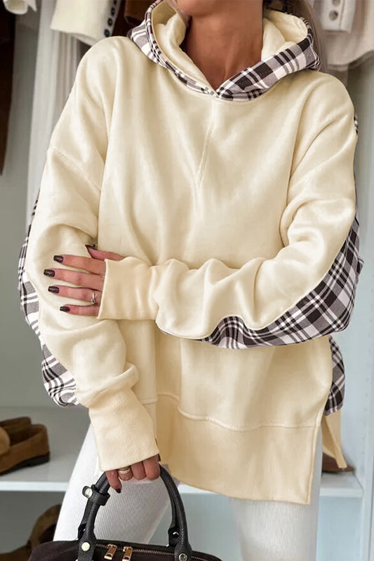 Beige Plaid Patchwork Side Slit Sweatshirt-Tops/Sweatshirts & Hoodies-[Adult]-[Female]-Beige-S-2022 Online Blue Zone Planet