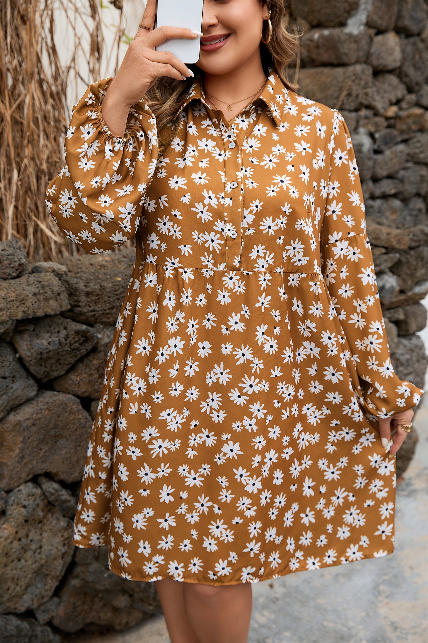 Khaki Plus Size Daisy Floral Print Button Split Neck Puff Sleeve Dress-TOPS / DRESSES-[Adult]-[Female]-2022 Online Blue Zone Planet