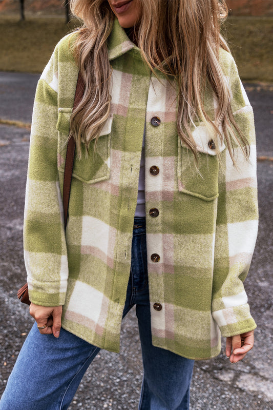 Sage Green Plaid Print Buttoned Flap Pockets Baggy Shacket-Outerwear/Plaid Shackets-[Adult]-[Female]-Sage Green-S-2022 Online Blue Zone Planet