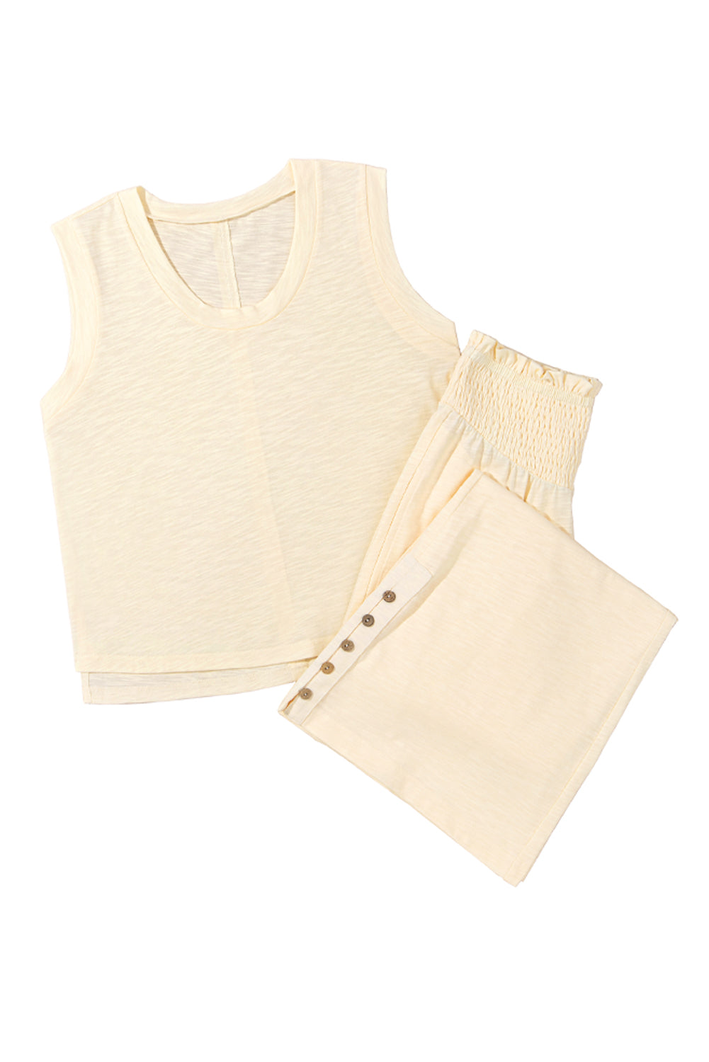 Beige Solid Color Tank Top and Smocked Waist Pants Set-Two Piece Sets/Pant Sets-[Adult]-[Female]-2022 Online Blue Zone Planet