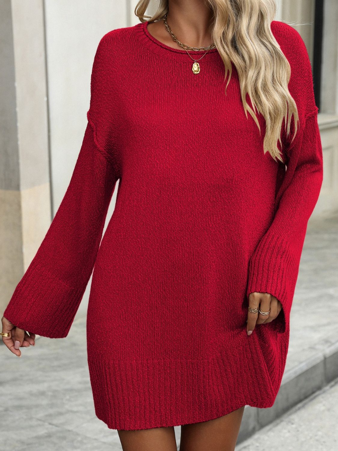 Round Neck Dropped Shoulder Sweater-TOPS / DRESSES-[Adult]-[Female]-2022 Online Blue Zone Planet