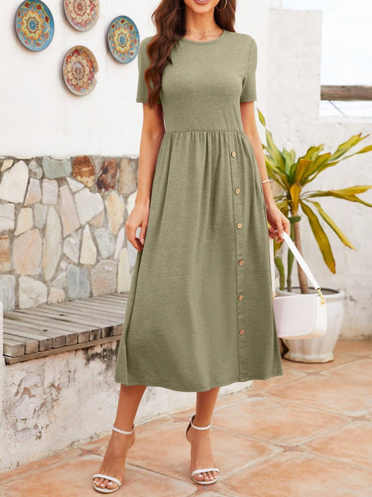 Round Neck Short Sleeve Midi Dress-TOPS / DRESSES-[Adult]-[Female]-Sage-S-2022 Online Blue Zone Planet