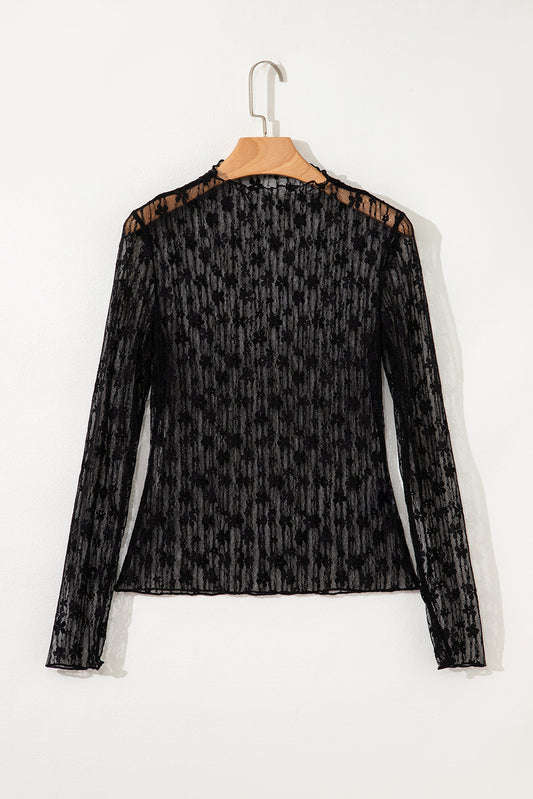 Black Sheer Floral Lace Long Sleeve Slim Fit Top-Tops/Long Sleeve Tops-[Adult]-[Female]-2022 Online Blue Zone Planet