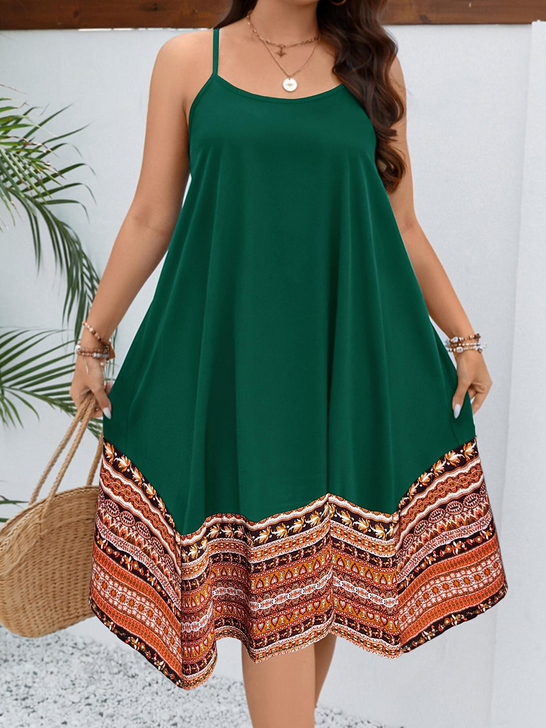 Plus Size Printed Round Neck Cami Dress-TOPS / DRESSES-[Adult]-[Female]-Dark Green-1XL-2022 Online Blue Zone Planet