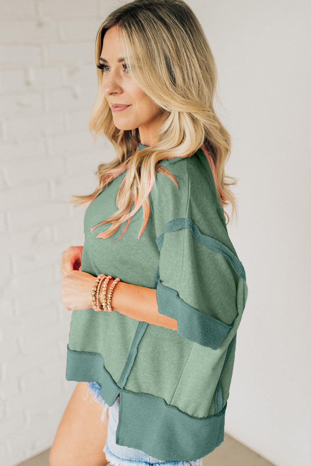 Smoke Green Half Sleeve Raw Seam High Low Side Split Top-Tops/Tops & Tees-[Adult]-[Female]-2022 Online Blue Zone Planet