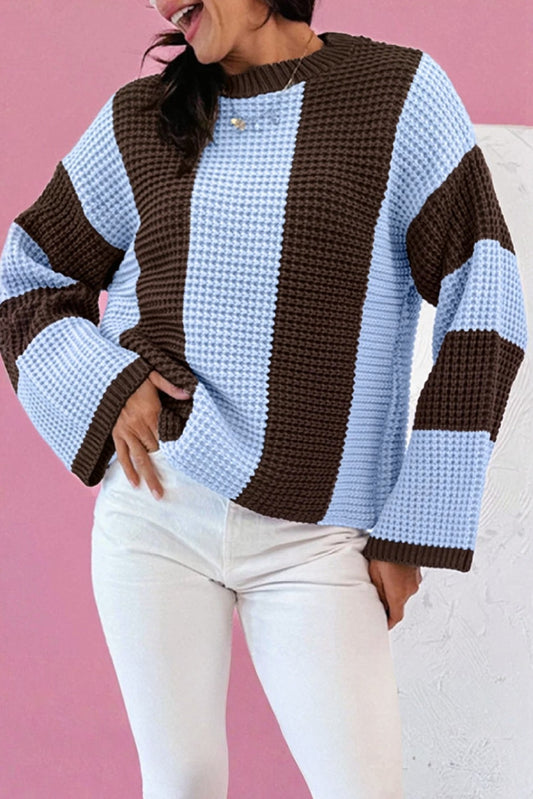 Myosotis Striped Color Block Thermal Textured Knit Drop Shoulder Sweater-TOPS / DRESSES-[Adult]-[Female]-Myosotis-S-2022 Online Blue Zone Planet