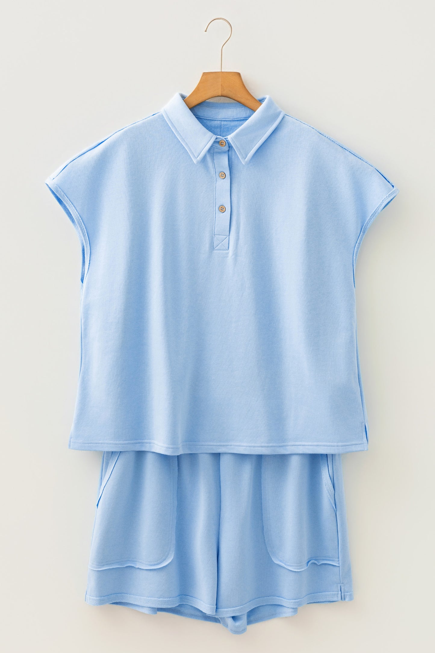 Mist Blue Solid Color Polo Tee Elastic Waist Shorts Plus Size Outfit-Plus Size/Plus Size Loungewear-[Adult]-[Female]-2022 Online Blue Zone Planet