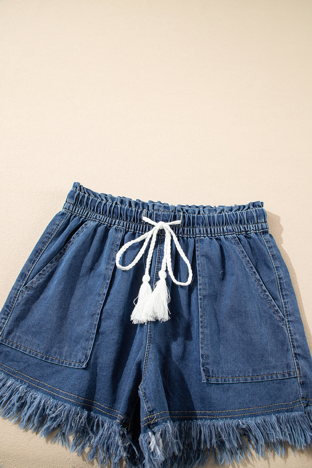 Blue Zone Planet | Ashleigh Blue Raw Hem Drawstring High Waist Denim Shorts with Pockets-Bottoms/Denim Shorts-[Adult]-[Female]-2022 Online Blue Zone Planet