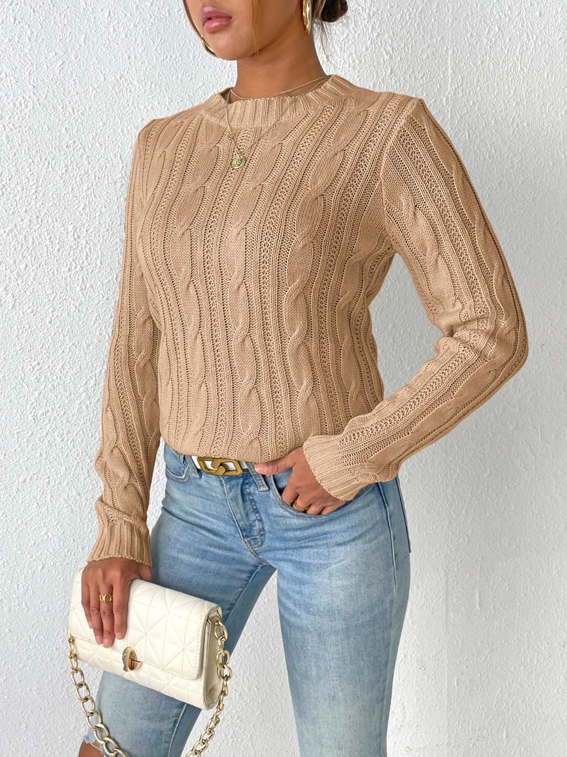 Cable-Knit Round Neck Sweater-TOPS / DRESSES-[Adult]-[Female]-2022 Online Blue Zone Planet