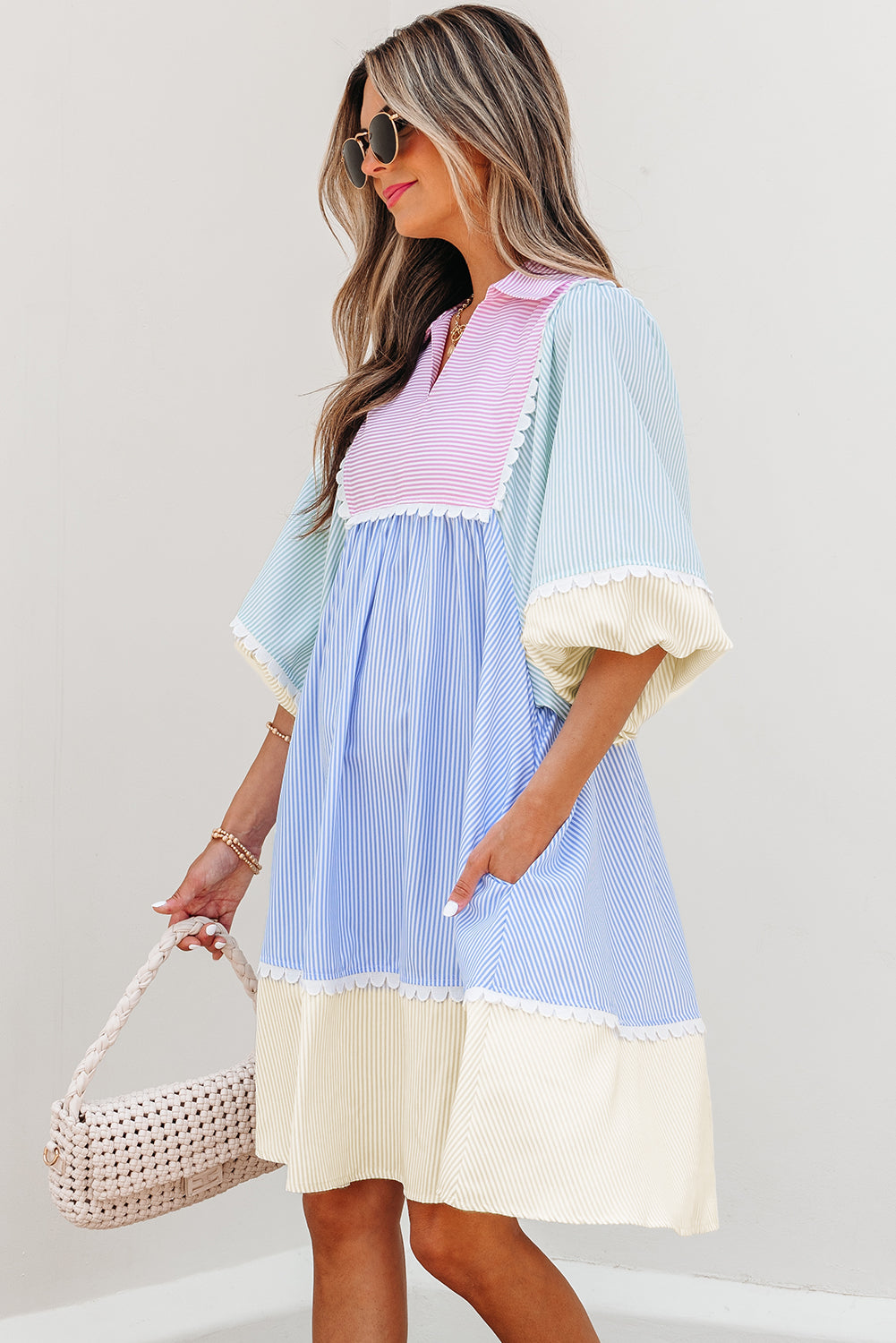 Multicolour Striped Patchwork Ric Rac Puff Sleeve Collared Mini Dress-TOPS / DRESSES-[Adult]-[Female]-2022 Online Blue Zone Planet