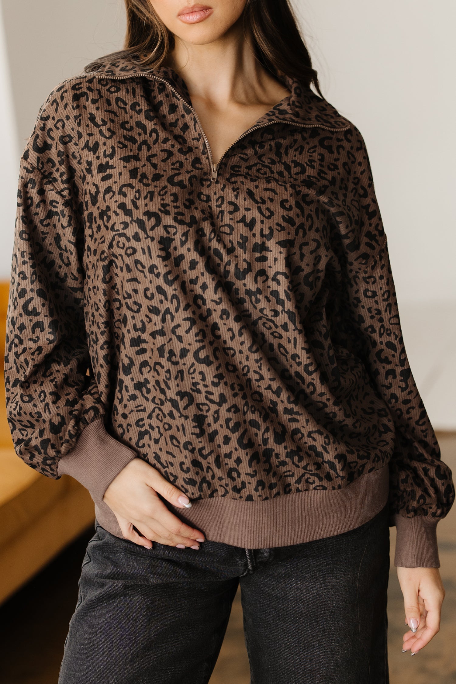 Brown Leopard Print Quarter Zip Corduroy Sweatshirt-Tops/Sweatshirts & Hoodies-[Adult]-[Female]-2022 Online Blue Zone Planet