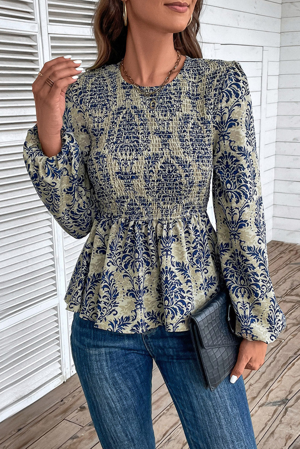 Sky Blue Boho Printed Balloon Sleeve Smocked Peplum Blouse-Tops/Blouses & Shirts-[Adult]-[Female]-2022 Online Blue Zone Planet