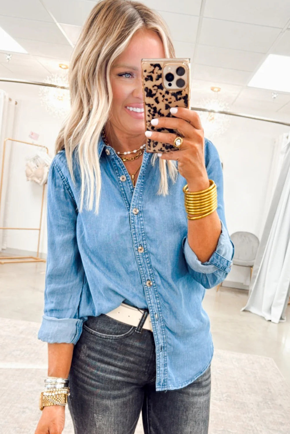 Myosotis Buttoned Down Slim Denim Shirt-Tops/Blouses & Shirts-[Adult]-[Female]-2022 Online Blue Zone Planet