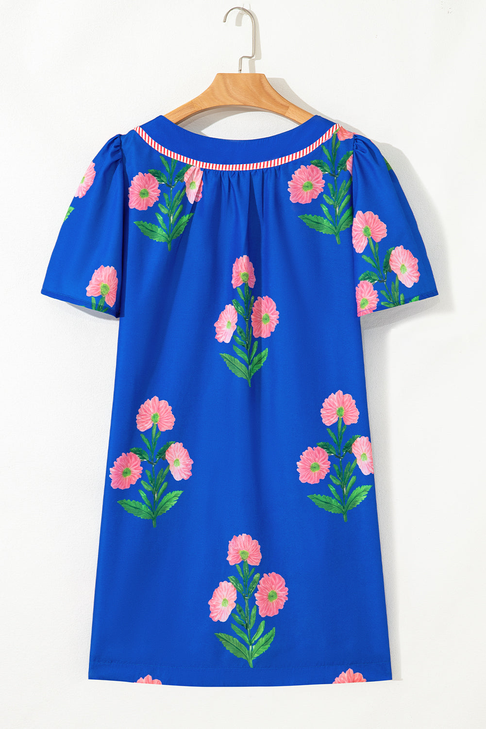 Blue Floral Short Sleeve Split Neck Loose Mini Dress-TOPS / DRESSES-[Adult]-[Female]-2022 Online Blue Zone Planet