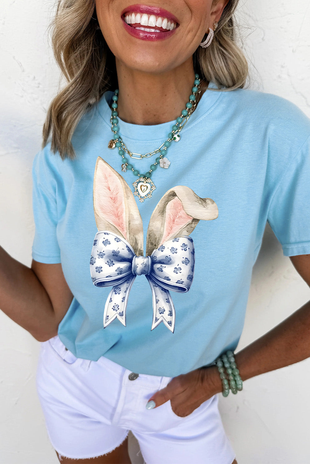 Light Blue Easter Bunny Ears Coquette Bow Graphic Tee-Graphic/Graphic Tees-[Adult]-[Female]-2022 Online Blue Zone Planet