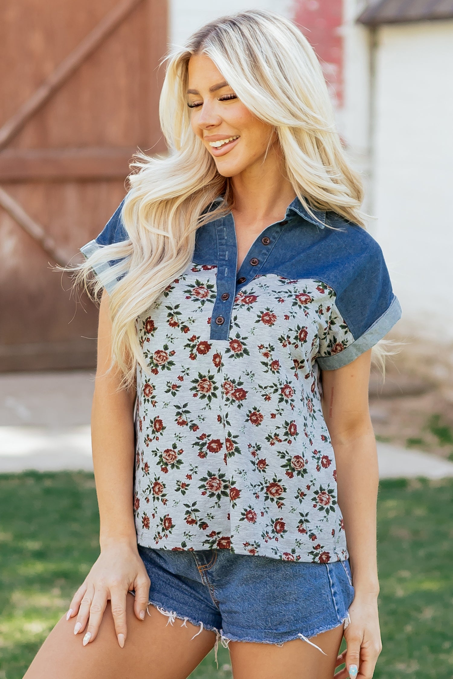 Gray Retro Floral Print Denim Patchwork Buttoned Polo Collar Top-Tops/Blouses & Shirts-[Adult]-[Female]-2022 Online Blue Zone Planet