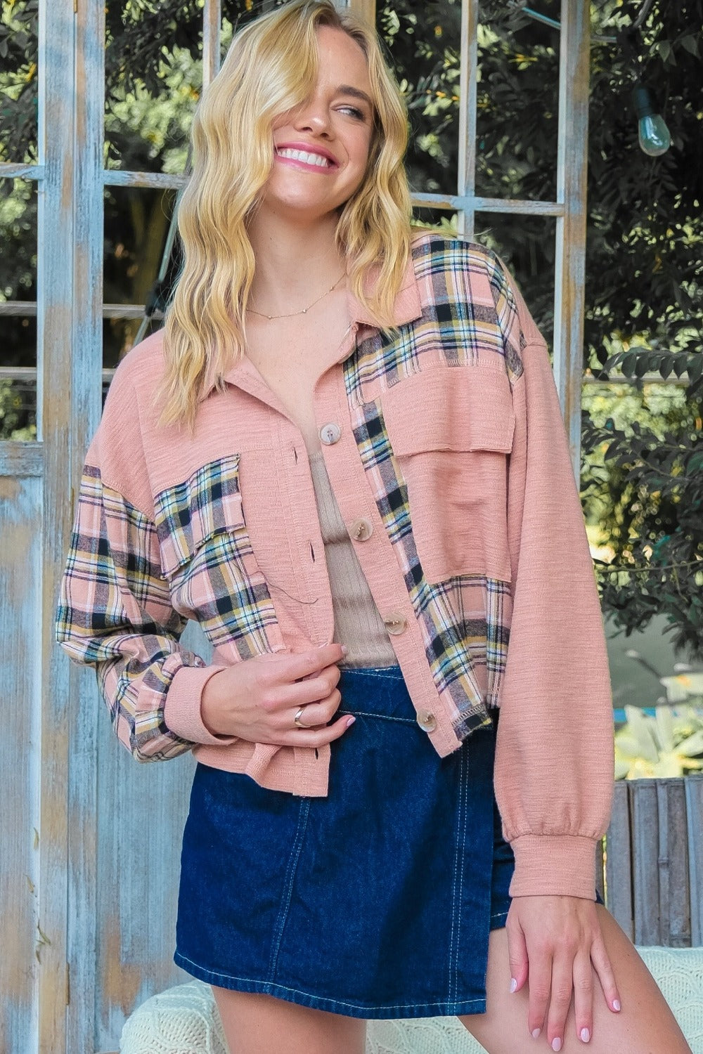 Hailey & Co Plaid Mixed Cropped Jacket-TOPS / DRESSES-[Adult]-[Female]-2022 Online Blue Zone Planet